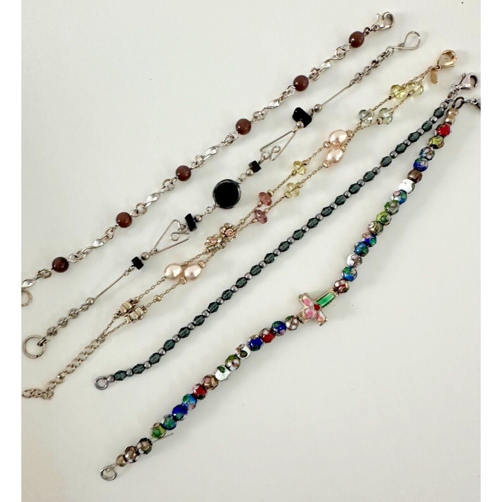 Beaded Bracelet Lot 5 Pink Black Grey Floral Cross 7-8" Silver Gold tones